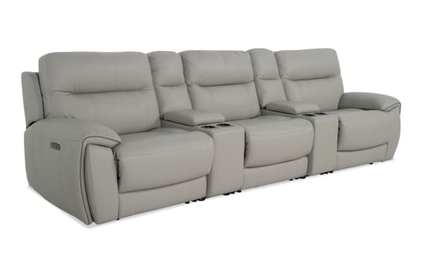 Illusion Gray Leather 133'' 5-seat power reclining sofa with armless power recliner, power headrests, USB ports, cup holders, and Bob-O-Pedic® memory foam.