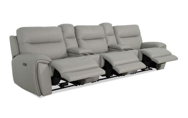 Illusion Gray Leather 133" transitional 5-seat power reclining sofa with armless power recliner, power headrests, USB ports, cup holders, and memory foam cushions.