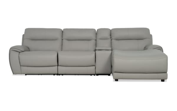 Illusion Gray Leather 122" power reclining 4-piece sectional with right-arm chaise, armless chair, USB ports, wireless charging, and memory foam cushions.
