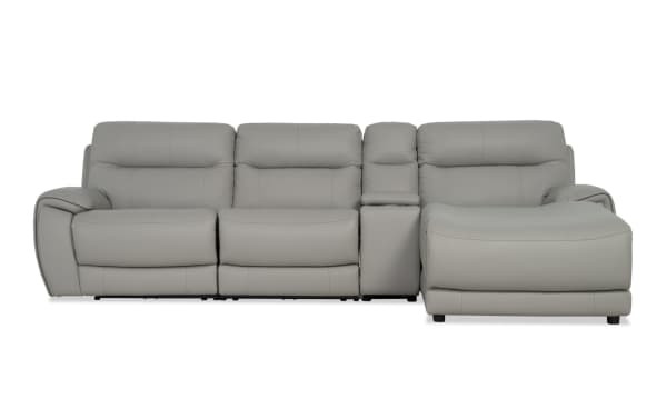 Illusion Gray Leather 122" power reclining 4-piece sectional with right arm chaise, armless power recliner, power headrest, USB ports, and cupholders.