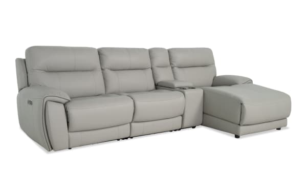 Illusion Gray Leather 122" power reclining sectional with right arm chaise, armless power recliner, power headrest, USB ports, cupholders, transitional style.