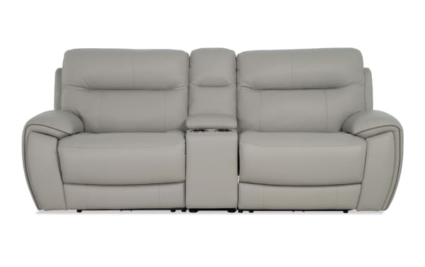 Illusion Gray Leather 91'' Power Reclining Console Loveseat with power headrests, USB ports, cup holders, and memory foam cushions in transitional gray leather upholstery.