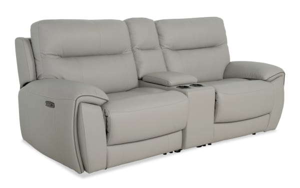 Illusion Gray Leather 91'' Power Reclining Console Loveseat with power headrests, USB ports, cup holders, and memory foam cushions in gray leather upholstery.