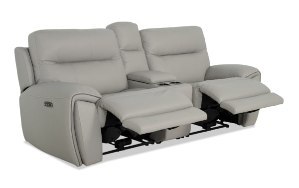 Gray Illusion 91" leather power reclining console loveseat with power headrests, USB ports, cup holders, and memory foam cushions in transitional style.