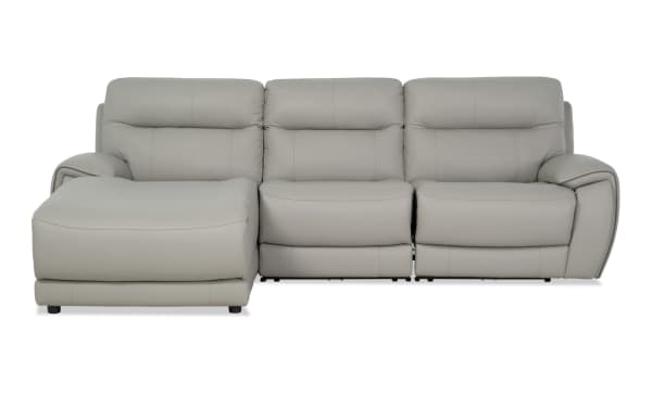Illusion Gray Leather 109'' power reclining sectional with left arm chaise, armless chair, power headrest, USB ports, and transitional style upholstery.