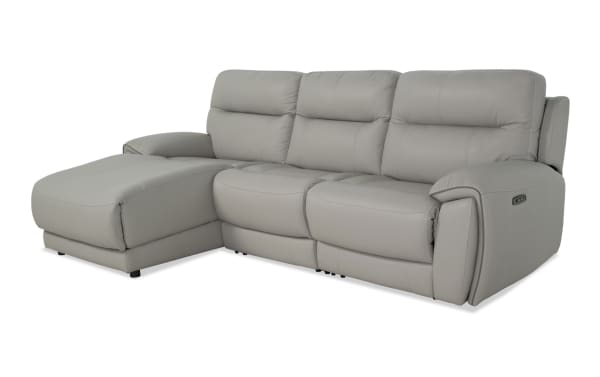Illusion Gray Leather 109'' power reclining sectional with left arm chaise, armless chair, power headrest, USB ports, and transitional style upholstery.
