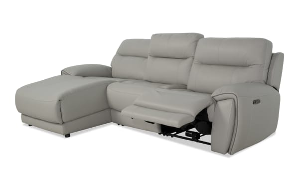 Illusion Gray Leather 109" power reclining sectional with left chaise, armless chair, power headrest, USB ports, wireless charging, and Bob-O-Pedic® memory foam cushions in transitional gray leather upholstery.