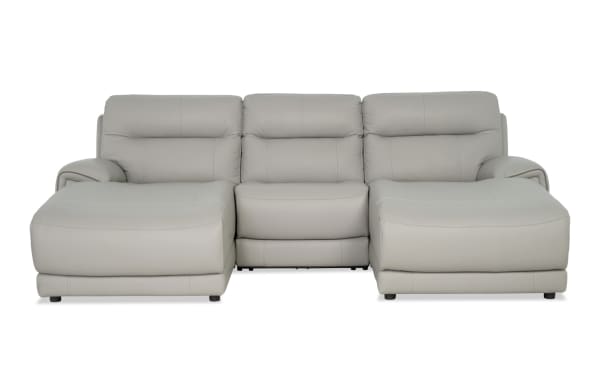 Illusion Gray Leather 111" power reclining 3-piece dual chaise sectional with power headrests, transitional style, gray leather upholstery, and plush memory foam cushions.