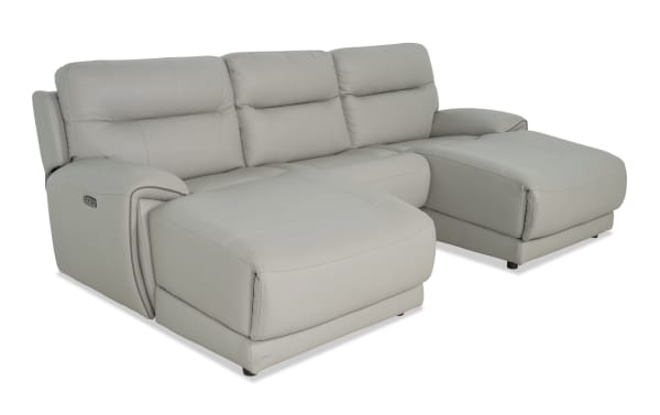 Illusion Gray Leather 111'' power reclining 3-piece dual chaise sectional with transitional style, 100% leather, power headrests, and memory foam cushions.