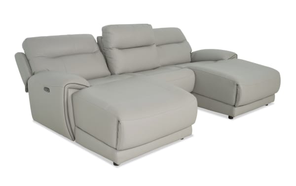 Illusion Gray Leather 111" power reclining 3-piece dual chaise sectional with power headrest, transitional style, gray leather upholstery, and plush memory foam cushions.