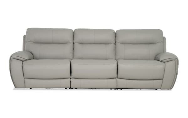 Gray Illusion 107" transitional leather power reclining sofa with armless chair, power headrests, and plush memory foam cushions