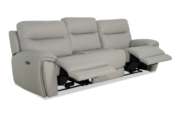 Illusion Gray Leather 107'' power reclining sofa with armless chair and power headrest, transitional style, gray leather upholstery, USB ports, memory foam cushions.