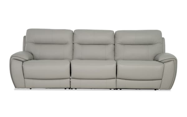 Gray Illusion transitional leather 107'' power reclining sofa with armless power recliner, power headrests, memory foam cushions, and USB ports