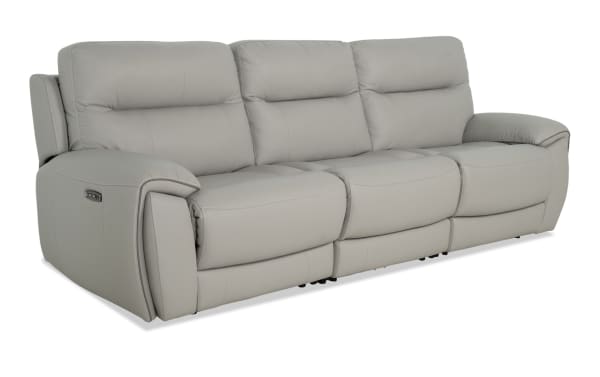Illusion Gray Leather 107'' power reclining sofa with armless power recliner, power headrests, USB ports, and Bob-O-Pedic® Memory Foam cushions in transitional style.