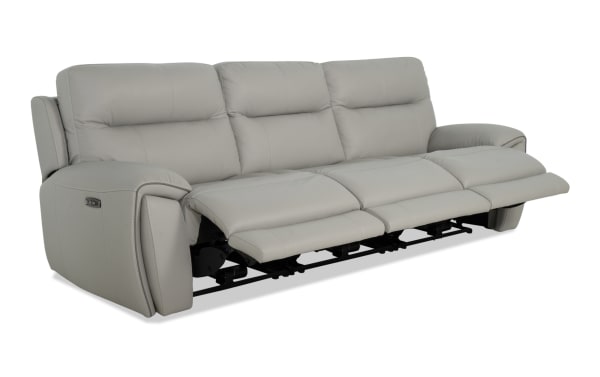 Illusion Gray Leather 107'' power reclining sofa with armless power recliner, power headrest, USB ports, and memory foam cushions in transitional gray leather.