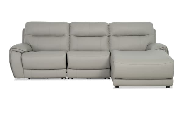 Illusion Gray Leather 109'' power reclining sectional with right arm chaise, armless chair, power headrest, USB ports, and gray transitional leather upholstery.
