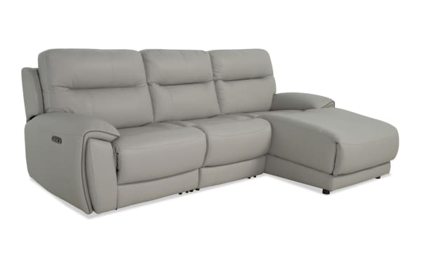 Illusion Gray Leather 109" power reclining sectional with right arm chaise, armless chair, USB ports, wireless charging, and memory foam cushions in gray leather.
