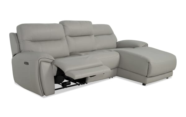 Illusion Gray Leather 109" power reclining sectional with right arm chaise, armless chair, and power headrest in transitional gray leather upholstery.