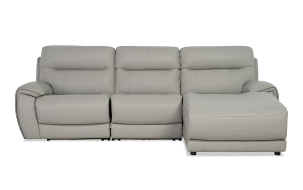 Illusion Gray Leather 110" power reclining 3-piece sectional with right arm chaise, armless power recliner, power headrest, and gray leather upholstery.