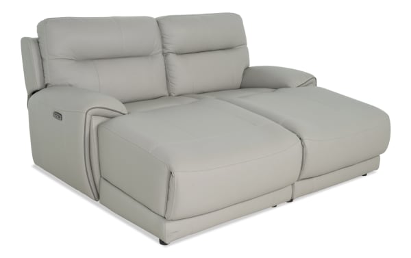 Illusion Gray Leather 82'' Power Reclining Dual Chaise with Power Headrest, USB ports, cup holders, and Bob-O-Pedic® Memory Foam in transitional gray leather upholstery.