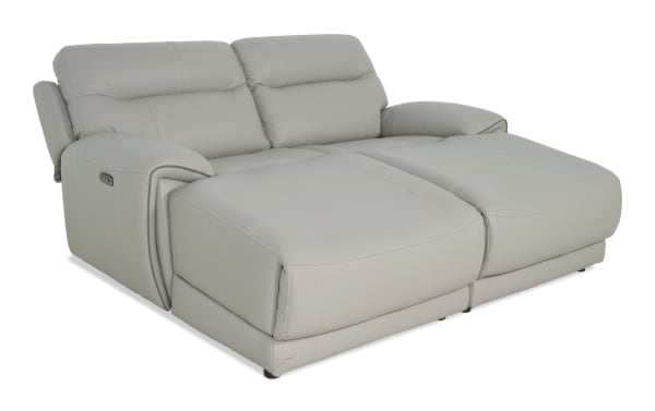 Illusion Gray Leather 82'' Power Reclining Dual Chaise with Power Headrest in gray leather, transitional style, featuring USB ports, cup holders, and memory foam comfort.