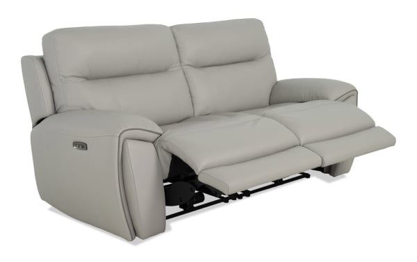 Illusion Gray Leather 78'' Power Reclining Loveseat with power headrest, USB ports, cup holders, and plush Bob-O-Pedic® memory foam cushions in transitional gray leather.