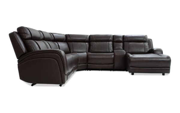 Tracker Brown Leather 121" power reclining 6-piece sectional with right arm chaise, contemporary style, memory foam cushions, USB ports, and drop-down table.