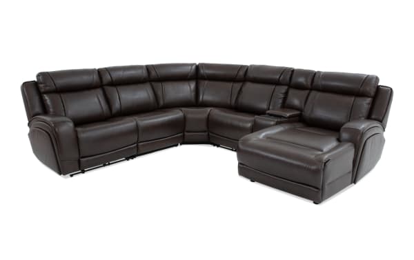 Tracker Brown Leather 121'' Power Reclining 6-Piece Right Arm Facing Chaise Sectional with power headrest, USB ports, drop-down table, and hidden storage in contemporary brown leather.