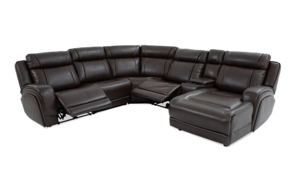 Tracker Brown Leather 121'' Power Reclining 6-Piece Right Arm Facing Chaise Sectional with power headrest, USB ports, wireless charging, and memory foam cushions in contemporary brown leather.