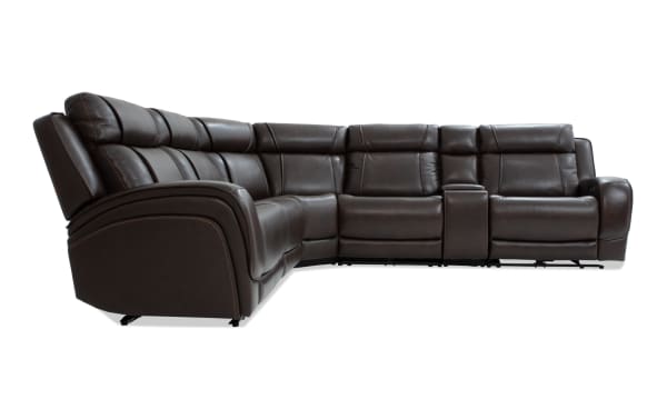 Tracker Brown Leather 131'' Power Reclining 6 Piece Sectional with power headrests, USB ports, wireless charging, and drop-down table in brown leather.