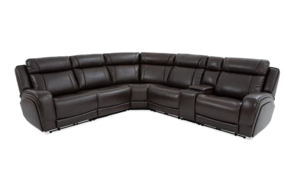 Tracker Brown Leather 131'' Power Reclining 6 Piece Sectional with power headrest, USB ports, wireless charging, drop-down table, and memory foam cushions in brown leather.