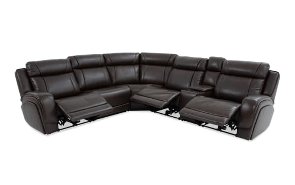 Tracker Brown Leather 131'' Power Reclining 6 Piece Sectional with power headrests, USB ports, drop-down table, and memory foam cushions in contemporary brown leather.