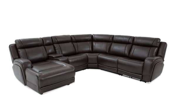 Tracker Brown Leather 121'' Power Reclining 6-Piece Left Arm Facing Chaise Sectional with power headrest, USB ports, wireless charging, and memory foam cushions in contemporary brown leather.