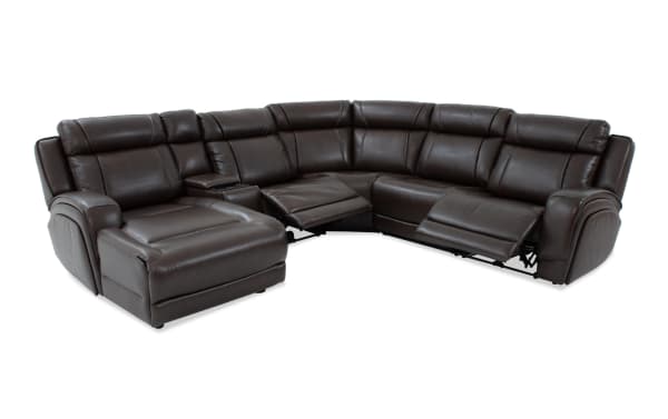 Tracker Brown Leather 121'' power reclining 6-piece left arm facing chaise sectional with power headrest, USB ports, drop-down table, and memory foam cushions in contemporary brown leather upholstery.