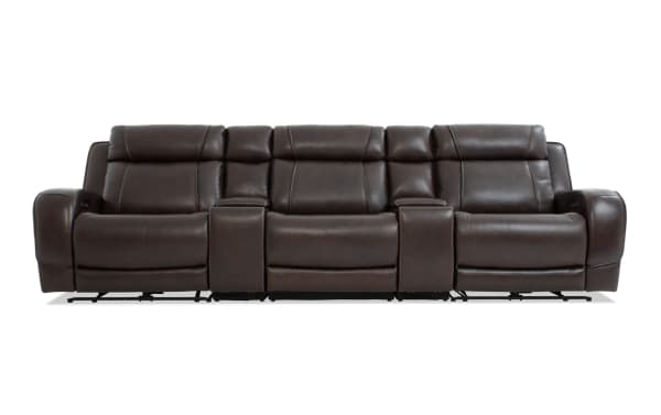 Tracker Brown Leather 134'' Power Reclining Sofa with Armless Chair and Power Headrest, contemporary brown leather upholstery, memory foam cushions, USB and wireless charging ports, storage and drop-down table.