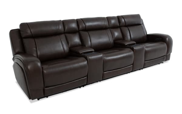 Tracker Brown Leather 134'' Power Reclining Sofa with Armless Chair and Power Headrest, contemporary brown leather upholstery, memory foam cushions, USB and wireless charging ports, storage and drop-down table.