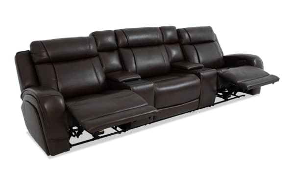 Tracker Brown Leather 134'' Power Reclining Sofa with Armless Chair & Power Headrest, contemporary brown leather upholstery, memory foam cushions, USB and wireless charging ports, storage and drop-down table.