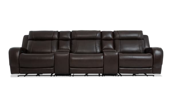 Tracker Brown Leather 134'' Power Reclining Sofa with armless power recliner, power headrest, USB ports, cup holders, hidden storage, and memory foam cushions in contemporary brown leather.