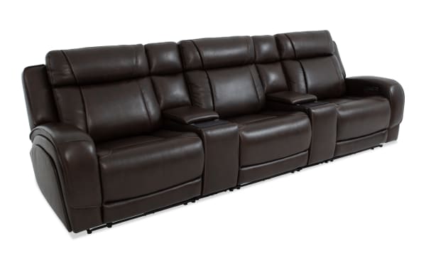 Tracker Brown Leather 134'' Power Reclining Sofa with armless power recliner, power headrest, USB ports, cup holders, and memory foam cushions in contemporary style