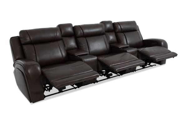Tracker Brown Leather 134'' Power Reclining Sofa with armless power recliner, power headrest, USB ports, cup holders, and memory foam cushions in contemporary brown leather.