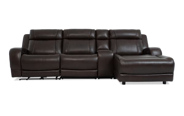 Tracker Brown Leather 121'' Power Reclining 4-Piece Sectional with Right Arm Facing Chaise, Armless Chair, USB ports, wireless charging, and memory foam cushions in contemporary brown leather upholstery.