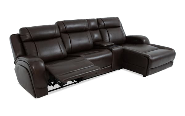 Tracker Brown Leather 121'' contemporary sectional with power reclining chaise, armless chair, USB ports, wireless charging, and memory foam cushions.