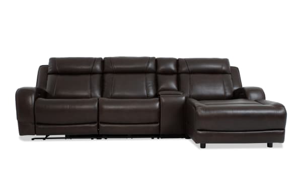 Tracker Brown Leather 121" power reclining sectional with right arm chaise, armless recliner, USB ports, memory foam cushions, and contemporary style.