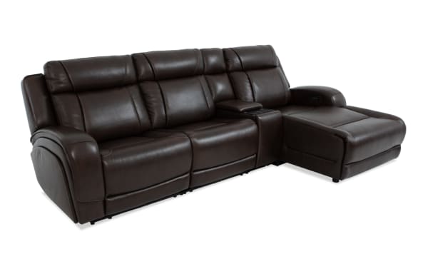 Tracker Brown Leather 121'' Power Reclining 4 Piece Sectional with Right Arm Chaise, Armless Power Recliner, USB ports, and memory foam cushions
