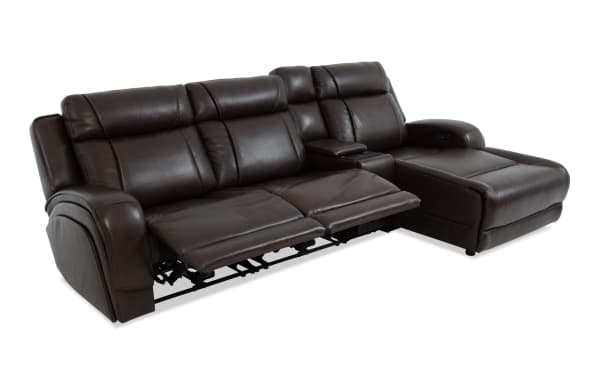 Tracker Brown Leather 121'' Power Reclining 4 Piece Sectional with Right Arm Chaise, Armless Power Recliner, USB ports, and memory foam cushions in contemporary brown leather.