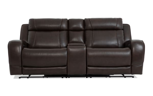 Tracker Brown Leather 92'' Power Reclining Console Loveseat with brown leather upholstery, memory foam cushions, USB ports, and built-in storage.