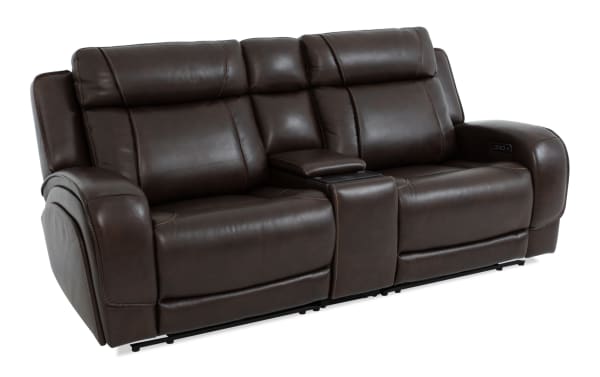 Tracker Brown Leather 92'' Power Reclining Console Loveseat with contemporary brown leather upholstery, memory foam cushions, USB ports, and built-in storage.