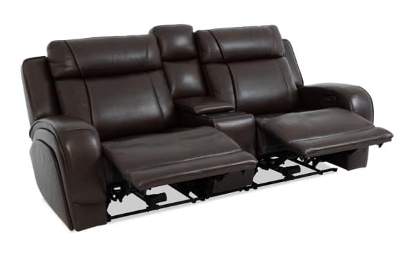 Tracker Brown Leather 92'' Power Reclining Console Loveseat in contemporary style, featuring brown leather upholstery, dual power recliners, memory foam cushions, adjustable headrest and lumbar support, built-in USB/USB-C ports, and center console storage for tech convenience and comfort.