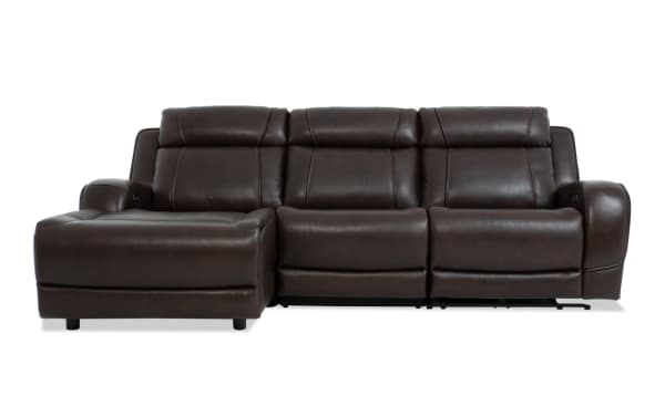 Tracker Brown Leather 108'' Power Reclining 3-Piece Sectional with Left Arm Chaise, Armless Chair, and Power Headrest in contemporary brown leather upholstery