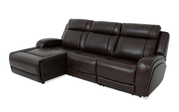 Tracker Brown Leather 108'' Power Reclining 3 Piece Sectional with Left Arm Chaise, Armless Chair, power headrest, USB ports, and storage.